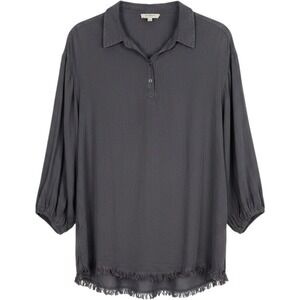 Umgee USA Charcoal Grey Frayed Fringe Hem Tunic Top Boho Balloon Sleeve small